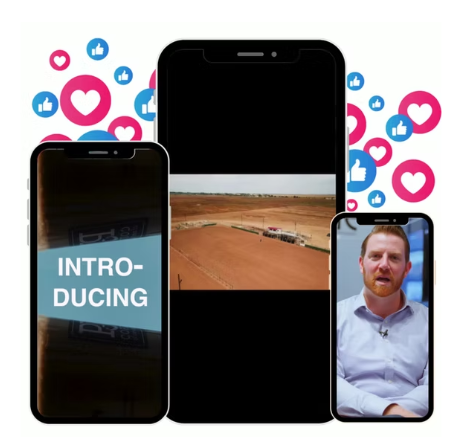 Mobile phones showing social media content with engagement icons